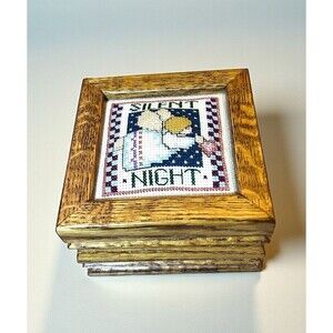 Vtg Angel Silent Night Cross Stitch Wooden Keepsake Trinket Storage Box With Lid